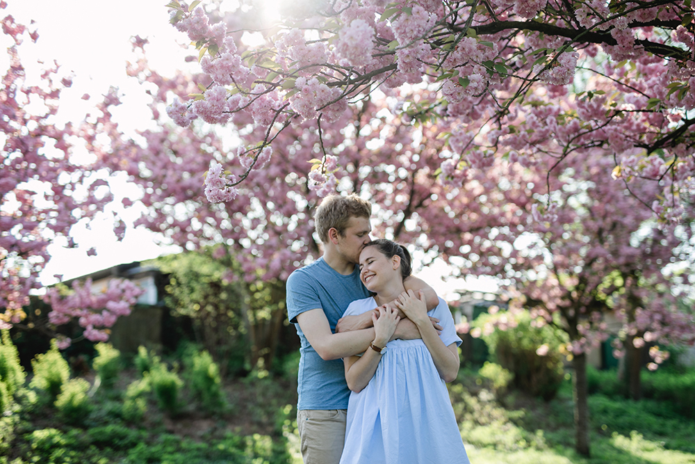 Die Sonne blitzt durch die Kirschblüten hinter dem Paar während des Shootings in Köln - Fotografin: Sonja Yasmin Fotografie, Hochzeitsfotografin in Köln, Bonn und ganz NRW, Fotografin für Portraitfotos und Familienfotos